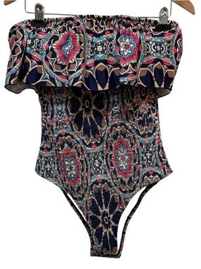 Strapless Bandeau One-Piece Shirred Paisley Swimsuit Multi Print Large